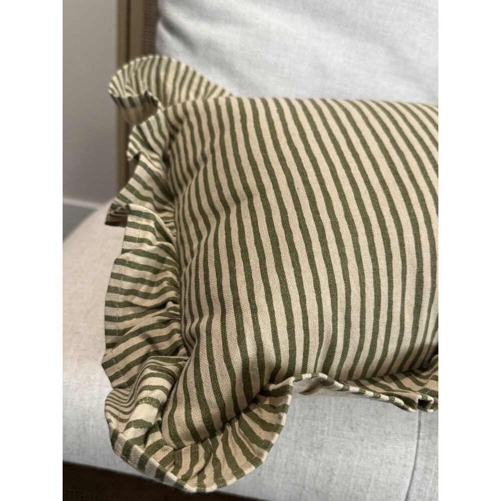 New Cottage Farmhouse Vintage Olive Green Stripe Ruffle Lumbar Accent Pillow - Picture 13 of 13